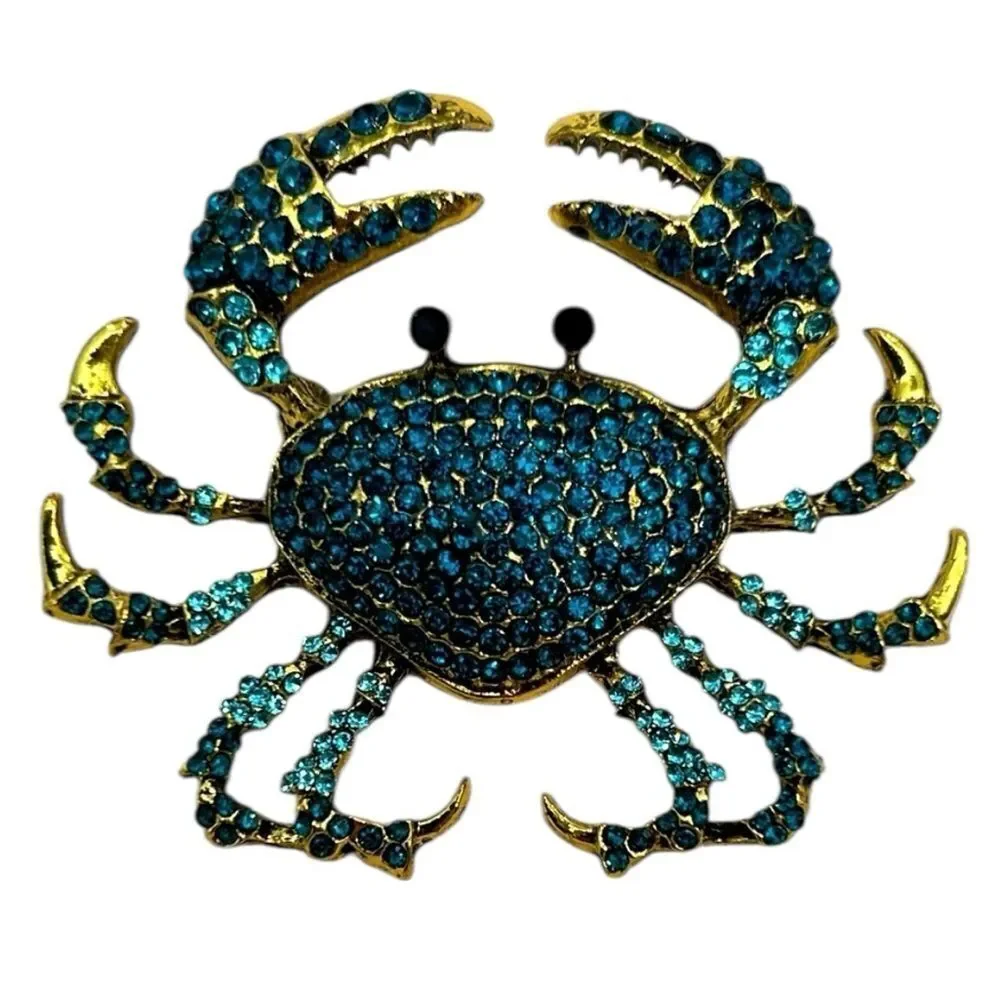 Sparkling Blue and Gold Crab Brooch